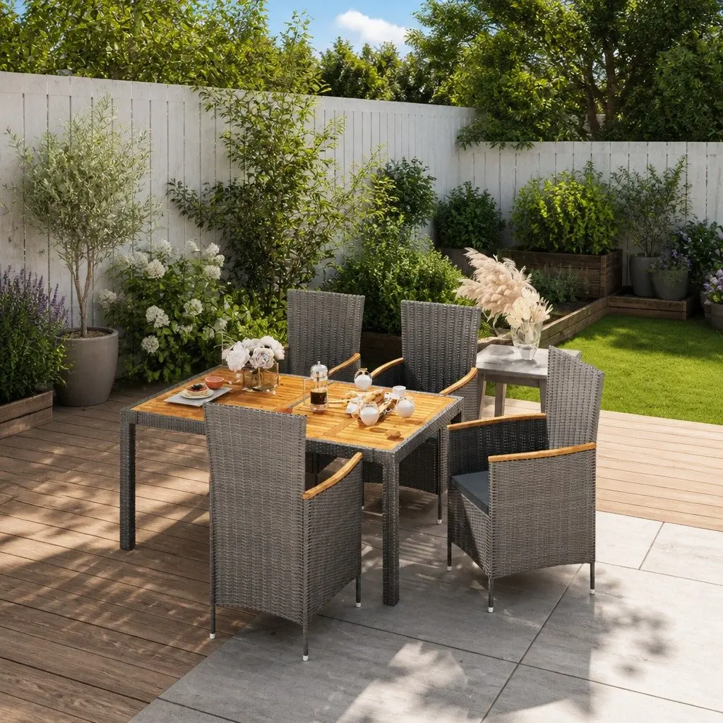 5 Piece Grey Poly Rattan Outdoor Dining Set with Cushions for Garden