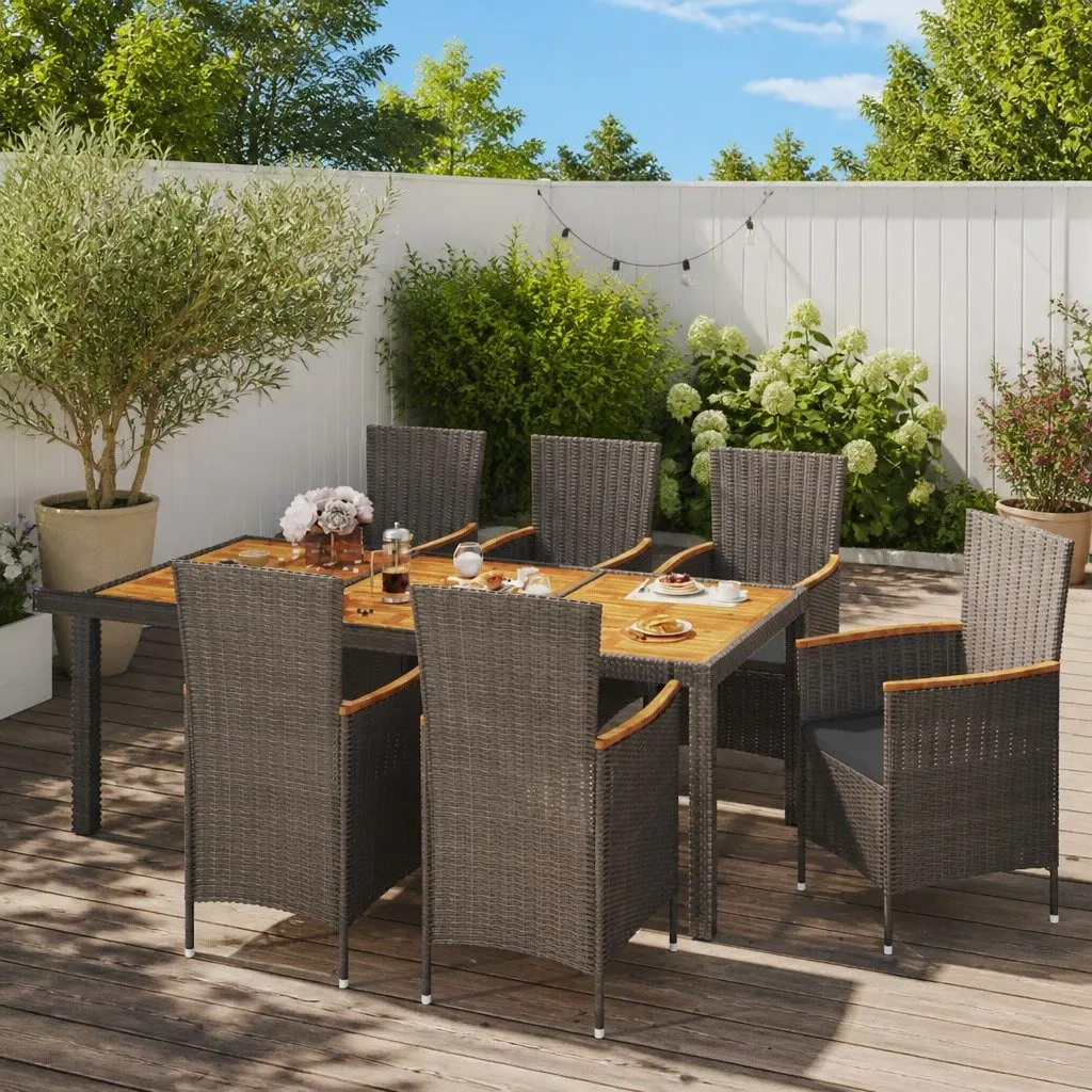 7 Piece Grey Garden Furniture Set Outdoor Dining with Cushions Poly Rattan and Steel Frame