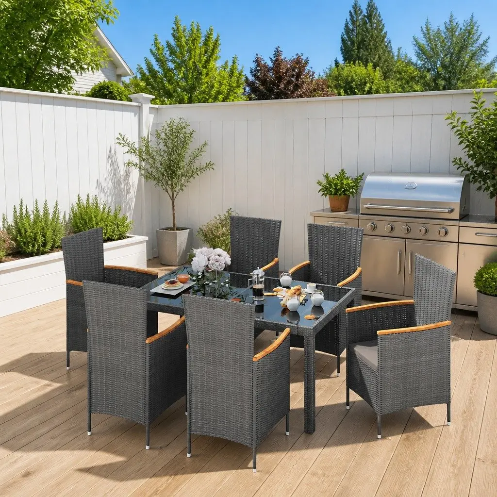 Outdoor Dining Set Grey Poly Rattan 7 Piece Garden Furniture with Cushions