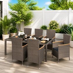 Outdoor Dining Set 7 Piece Garden Furniture Poly Rattan Grey Cushions
