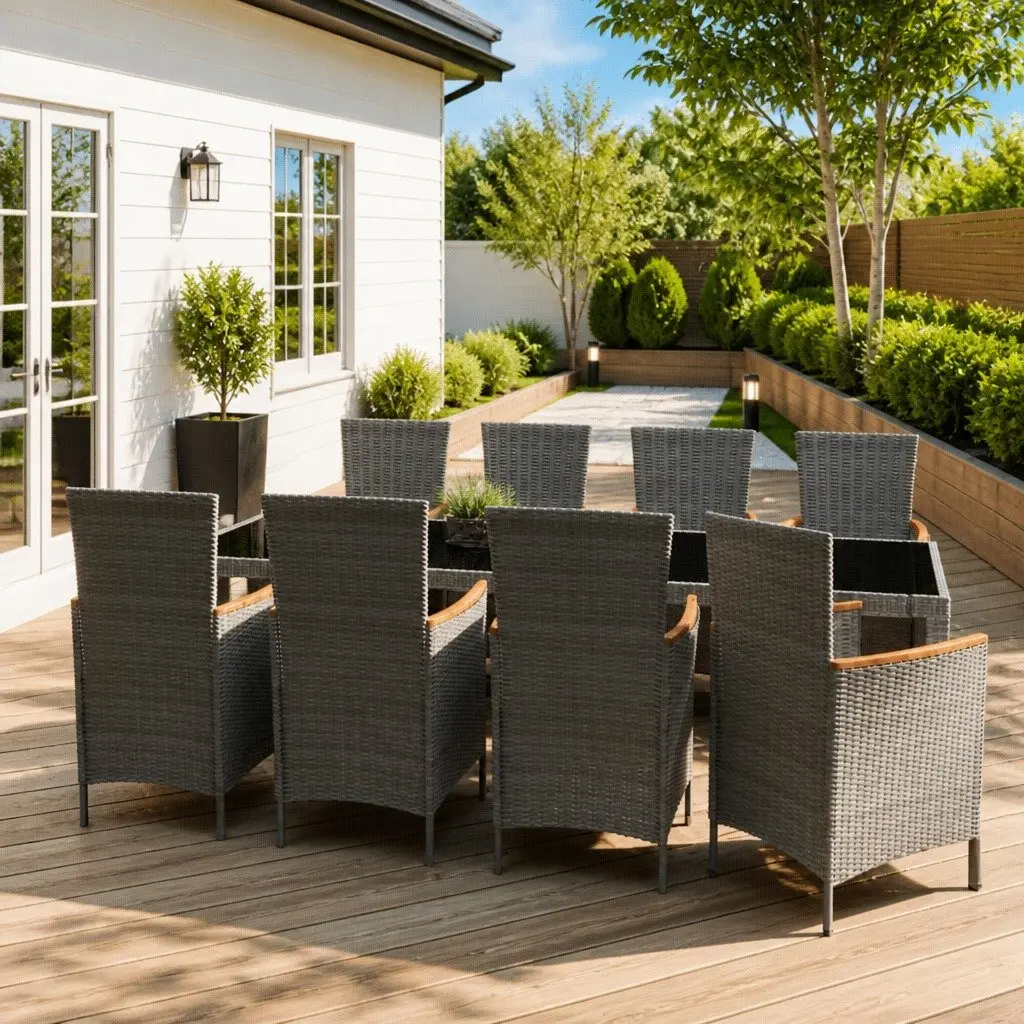 Outdoor Dining Set 9 Piece Grey PE Rattan Steel Frame Cushions