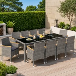 Outdoor Dining Set 11 Piece Garden Furniture Poly Rattan Grey Cushions Steel