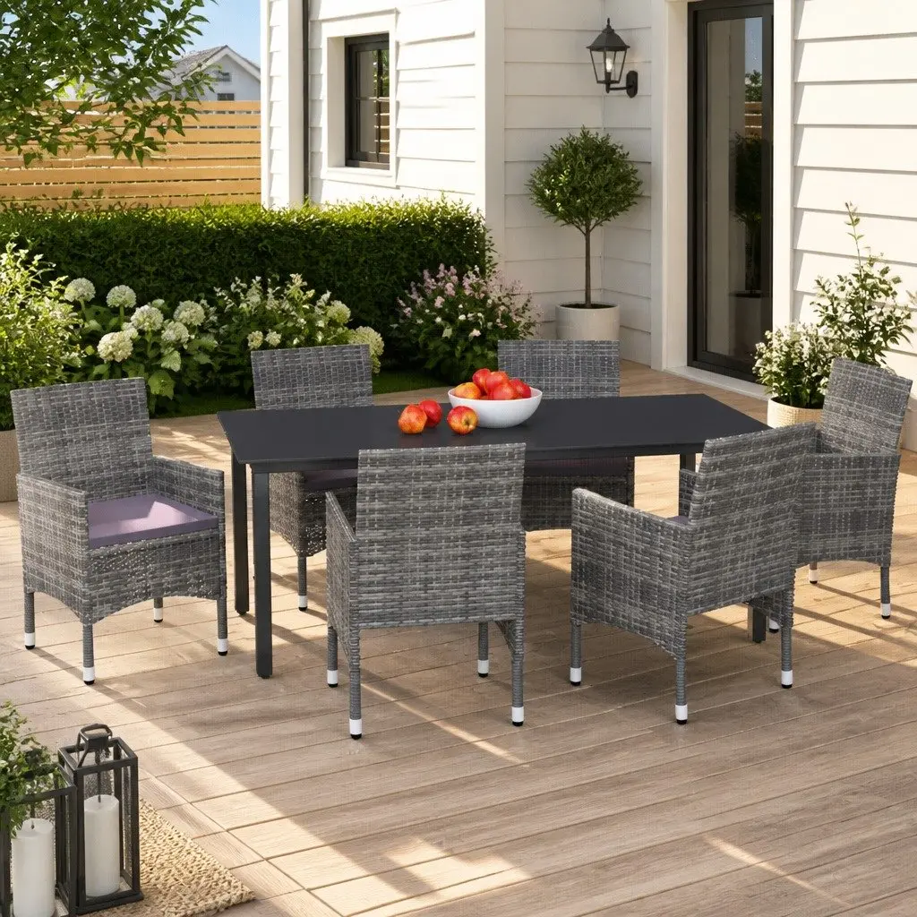 7 Piece Garden Dining Set Weather-Resistant PE Rattan Grey Cushions