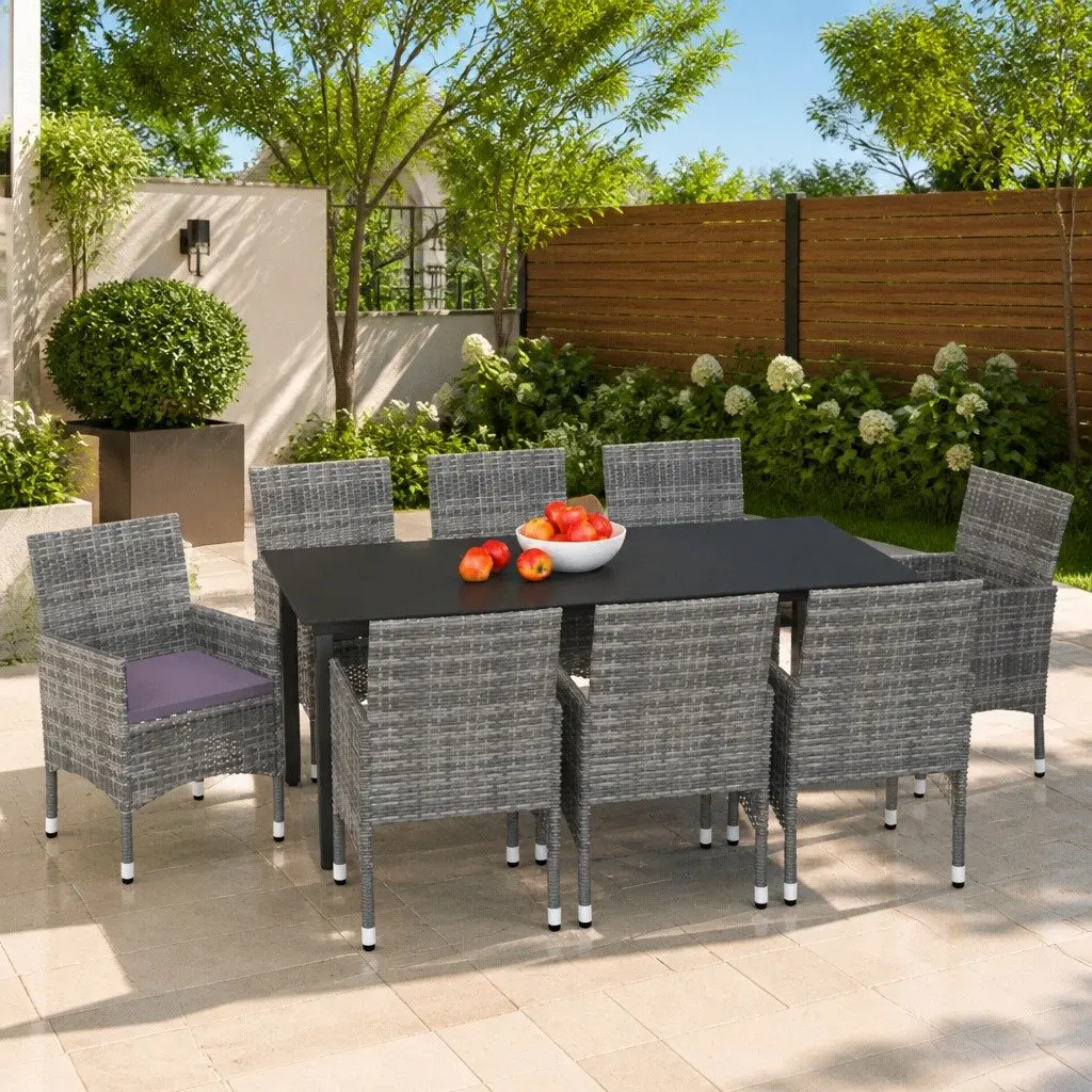 Garden Dining Set 9 Piece Outdoor Patio Furniture Grey Poly Rattan Chairs Table