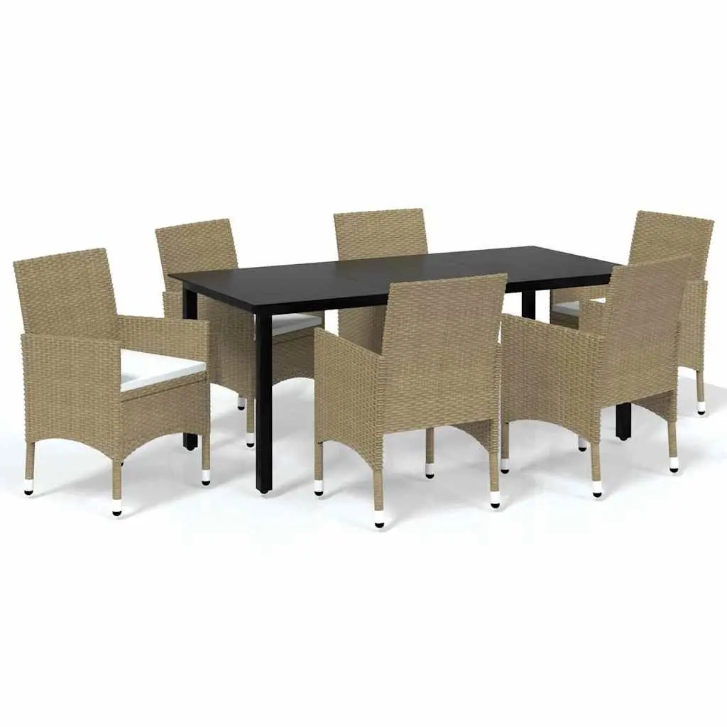 Garden Dining Set 7 Piece Outdoor Patio Furniture PE Rattan Beige Glass Table