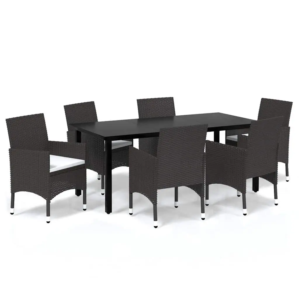 7 Piece Outdoor Dining Set with Glass Top and Padded Chairs Weather Resistant PE Rattan for Garden and Patio Furniture