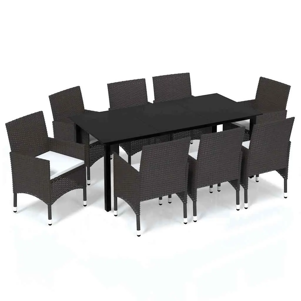 Outdoor Furniture Set 9 Piece Cushioned Dining Set with Glass Table Weather-Resistant PE Rattan Steel Frame in Brown