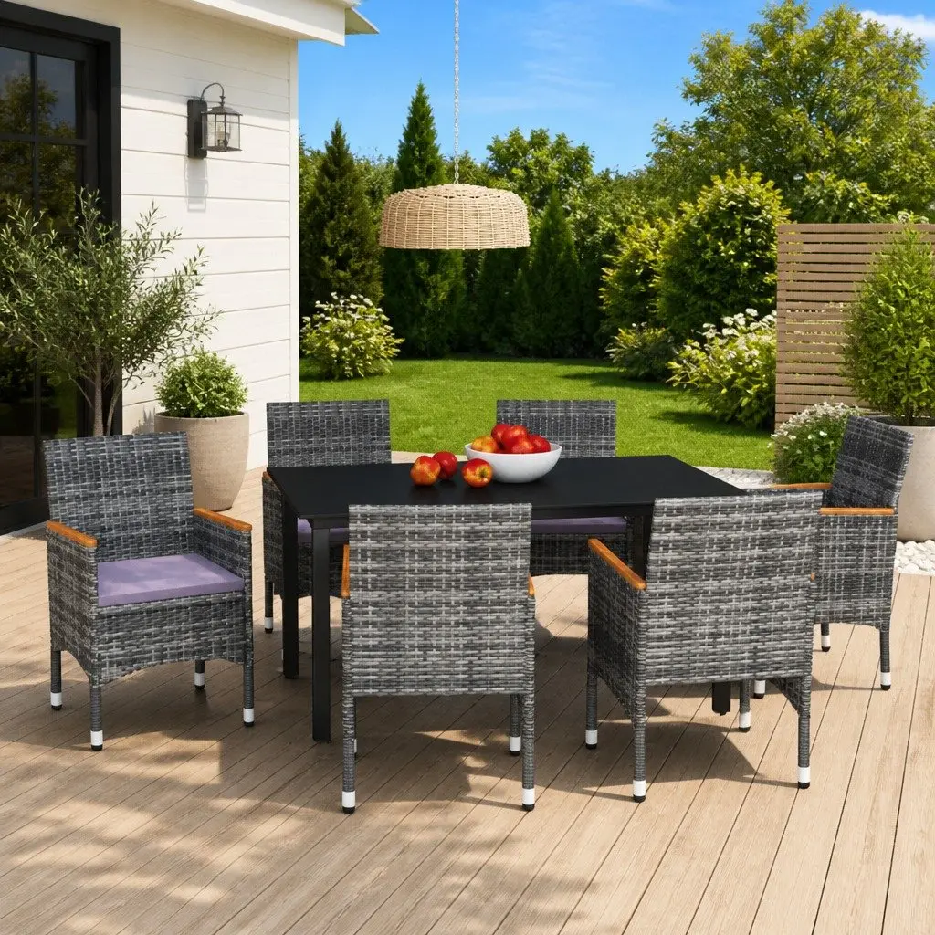 7 Piece Outdoor Dining Set Grey Poly Rattan Furniture with Cushions and Glass Top