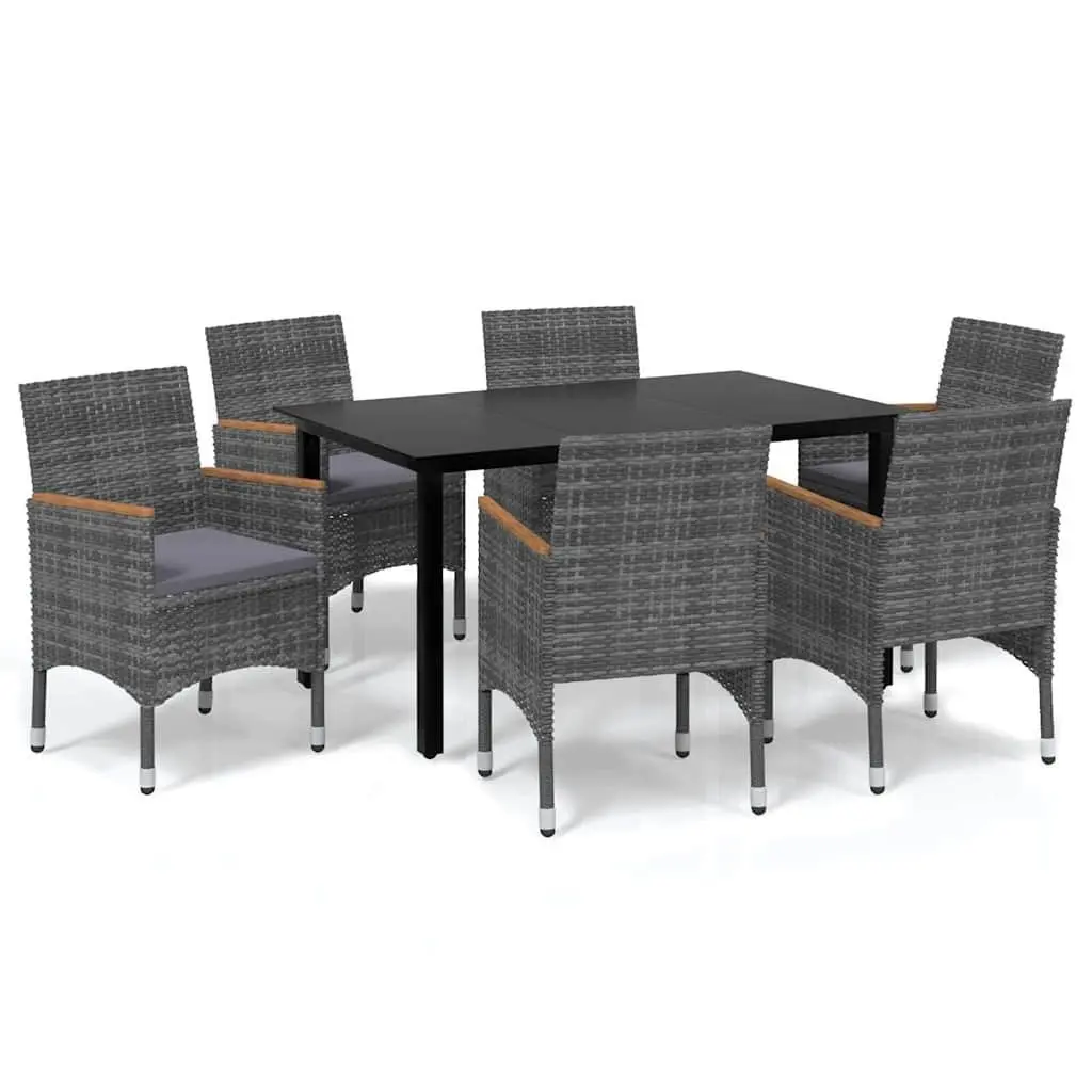 7 Piece Outdoor Dining Set Grey Poly Rattan Furniture with Cushions and Glass Top