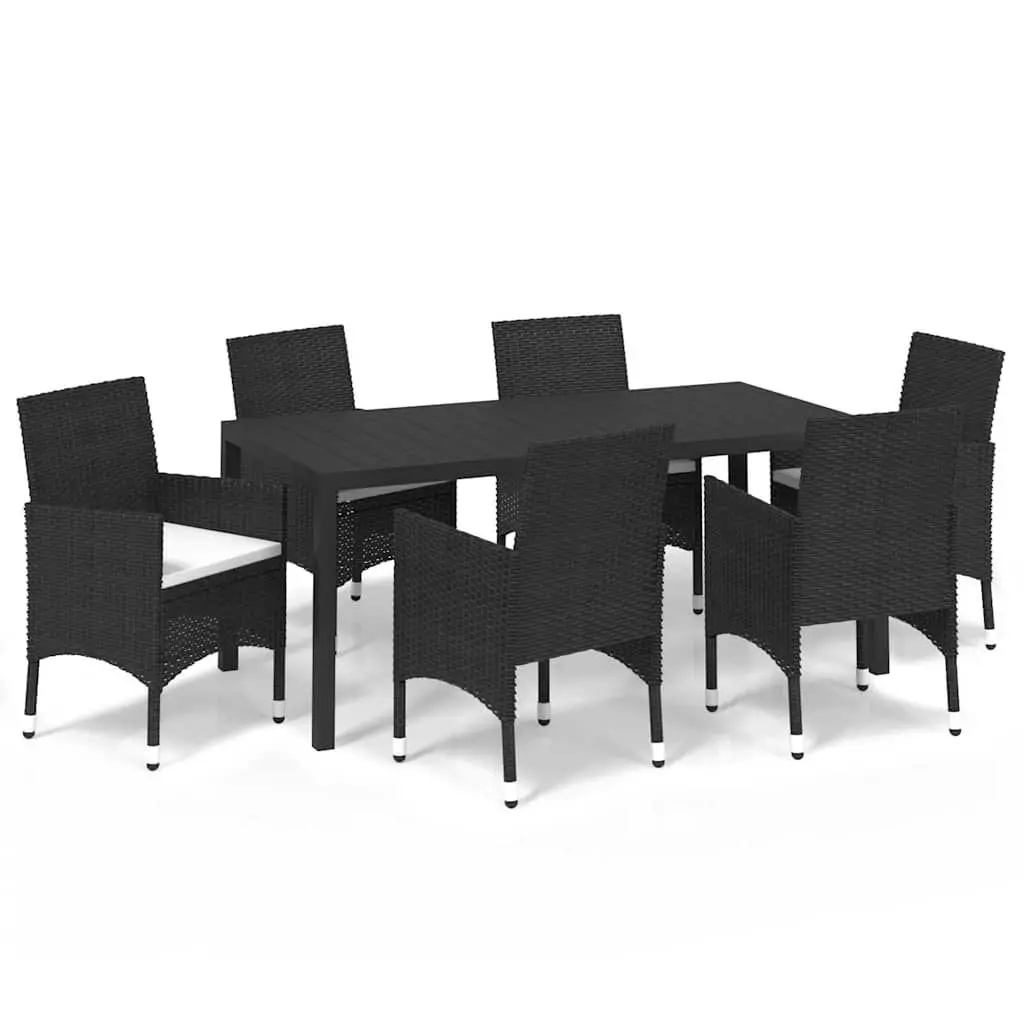 7 Piece Garden Dining Set Outdoor Patio Table with WPC Top and PE Rattan Chairs with Cushions Black