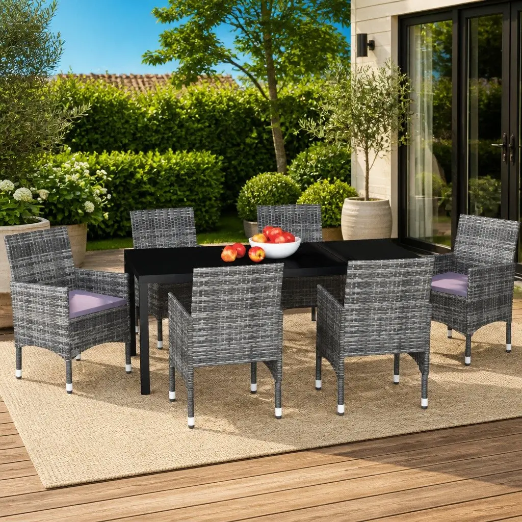 7 Piece Garden Dining Set Grey Weather-Resistant PE Rattan Outdoor Patio Furniture with Cushions