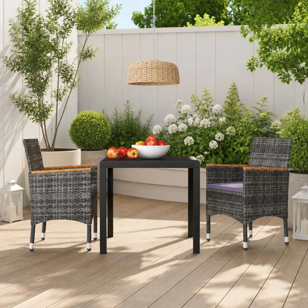 Outdoor Patio Furniture Set Grey Rattan 3 Piece Garden Dining Set with Cushions and Solid Acacia Wood Armrests