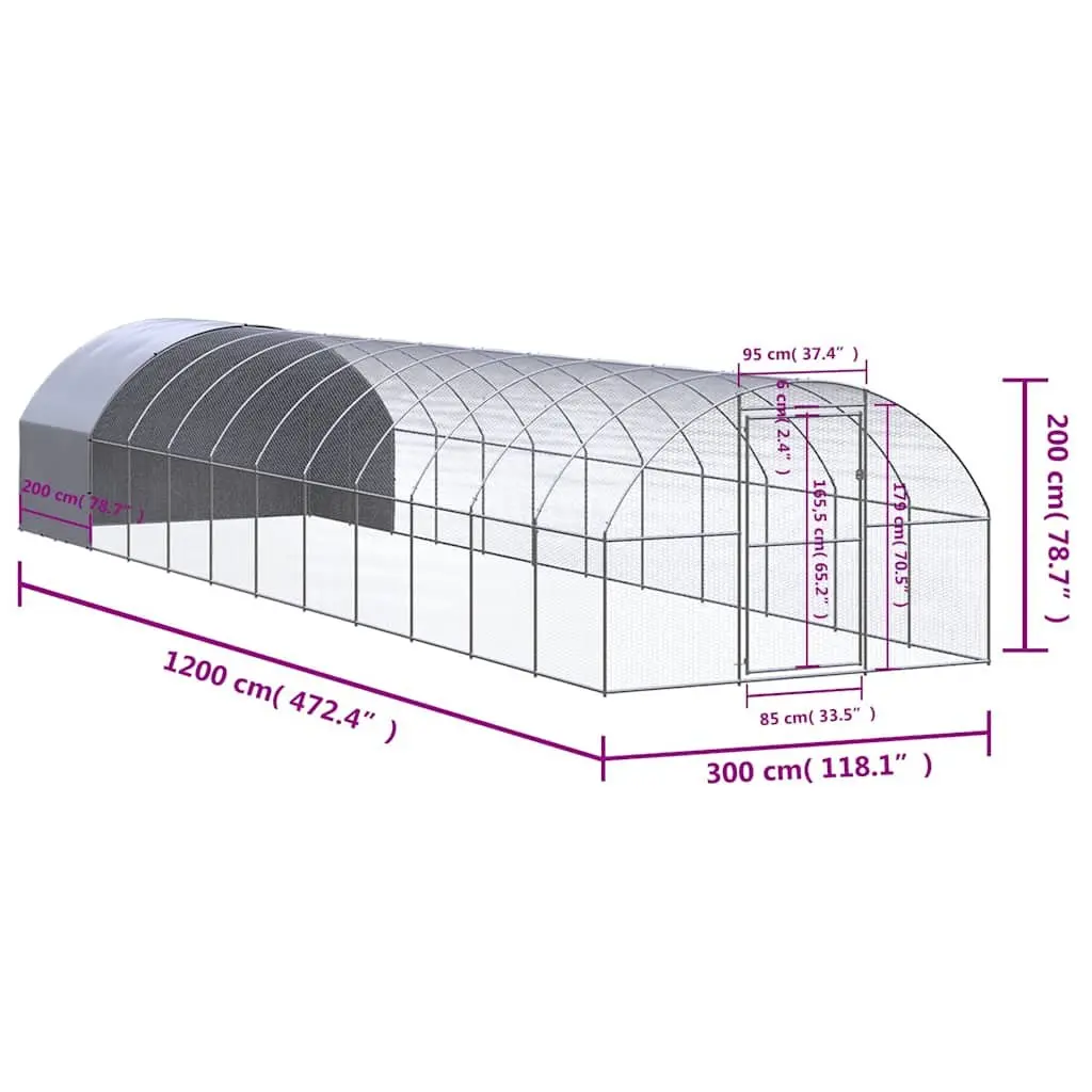 Outdoor Chicken Coop Galvanised Steel Enclosure 3x12x2m