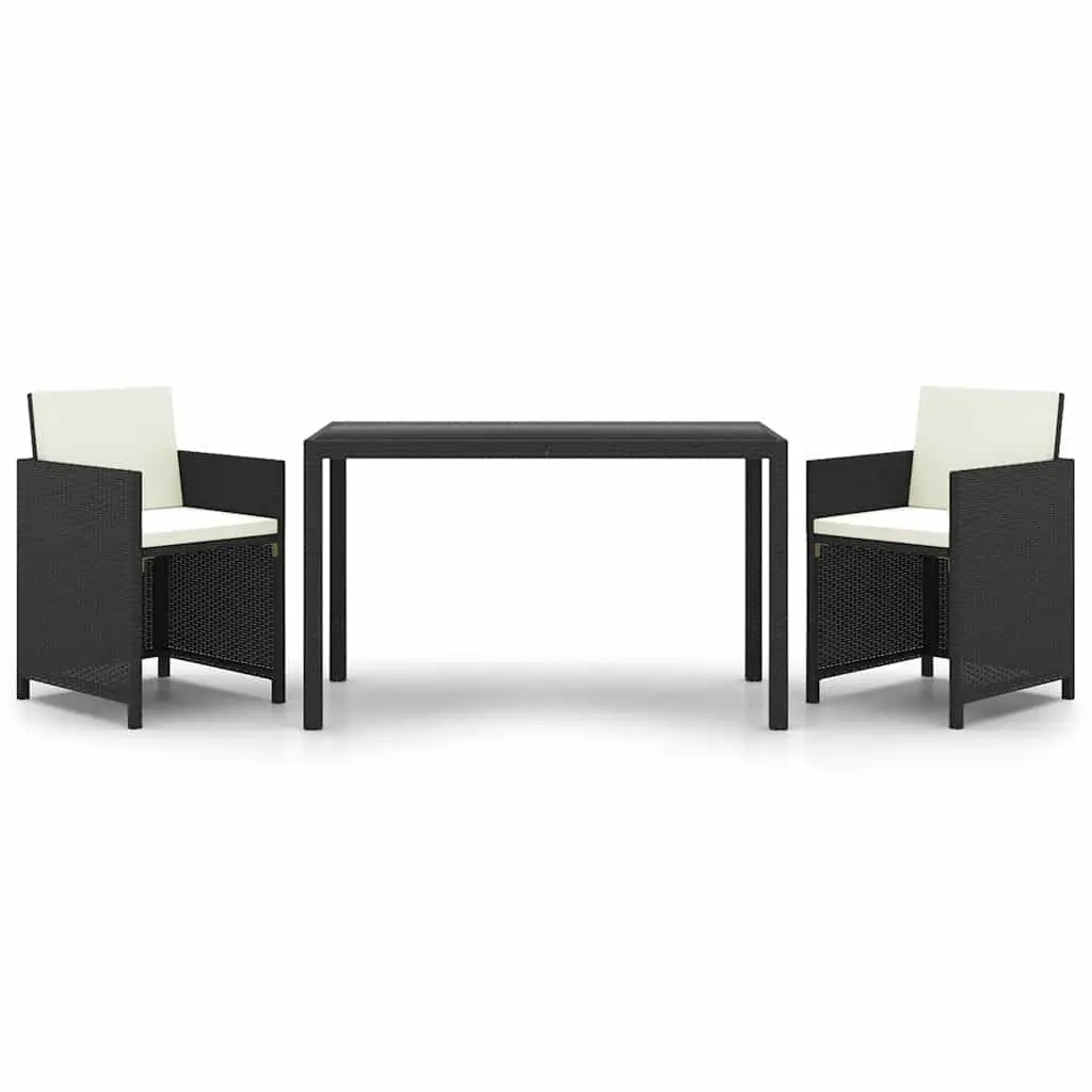 Outdoor Dining Set Weather-Resistant PE Rattan 3 Piece Black Glass Table Chairs