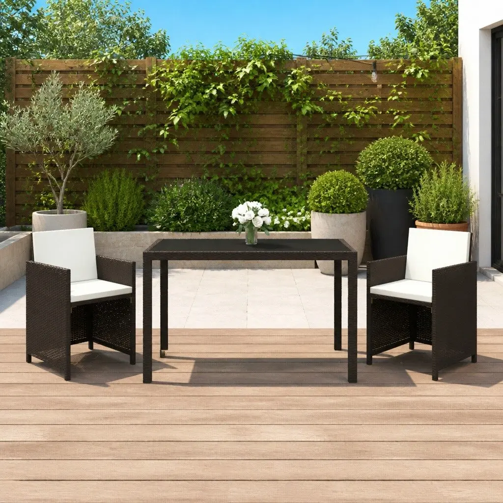 3 Piece Garden Dining Set Weather-resistant PE Rattan Outdoor Table Chairs with Cushions Brown