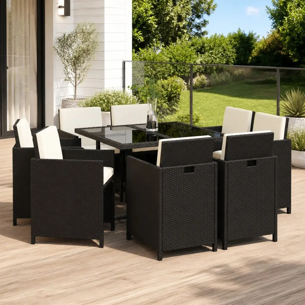 Garden Furniture Set 9 Piece Outdoor Dining Set Black PE Rattan with Cushions