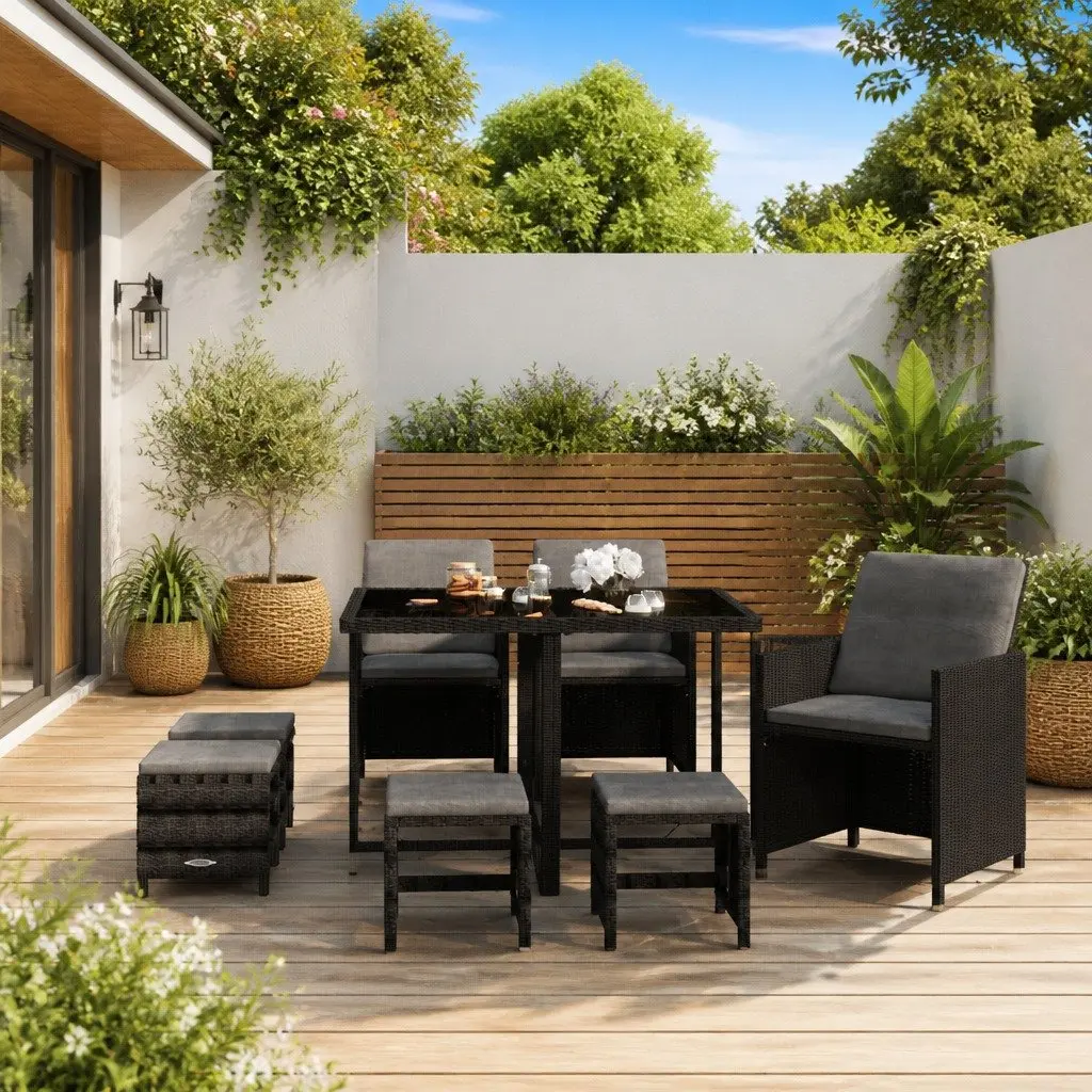 9 Piece Outdoor Garden Dining Set Weather-Resistant PE Rattan Patio Furniture Black