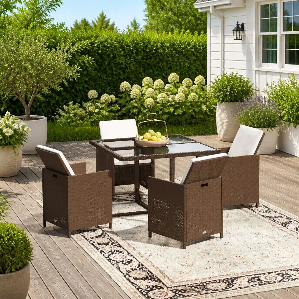 Outdoor Patio Furniture Set 5 Piece Brown PE Rattan with Cushions Garden Dining Set