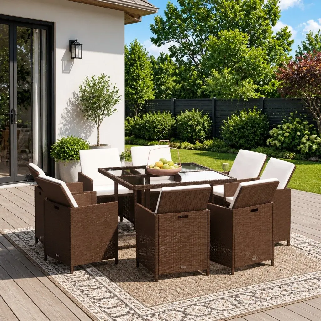 Garden Dining Set 9 Piece Outdoor Patio Furniture Weather-Resistant PE Rattan Brown with Cushions