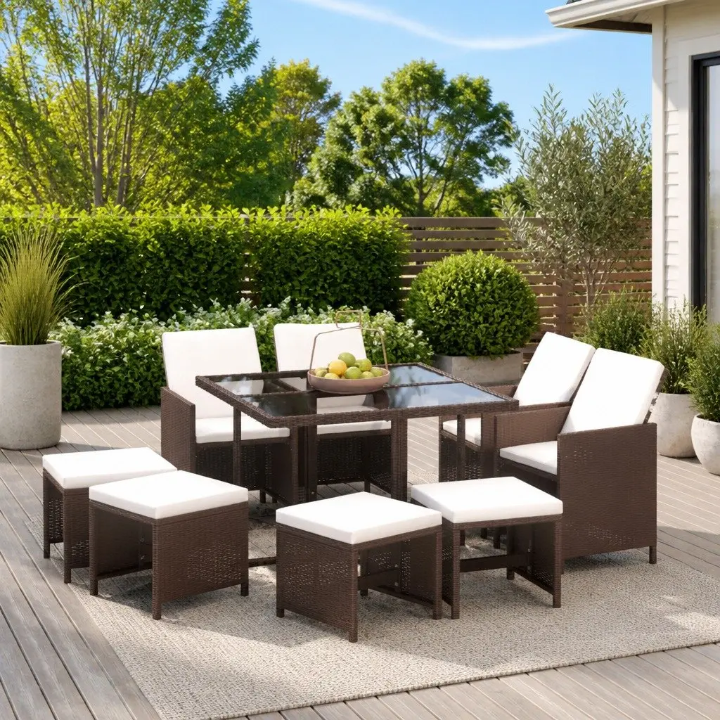 Garden Dining Set 9 Piece Outdoor Patio Furniture PE Rattan Brown with Cushions