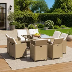 Garden Dining Set 9 Piece Outdoor Patio Furniture PE Rattan Beige Cushions