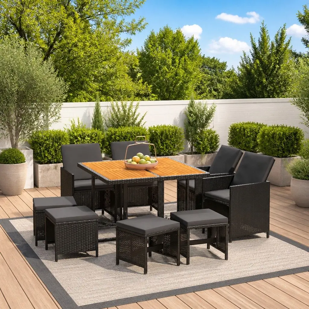 Garden Dining Set 9 Piece Outdoor Furniture Weather-Resistant PE Rattan Black