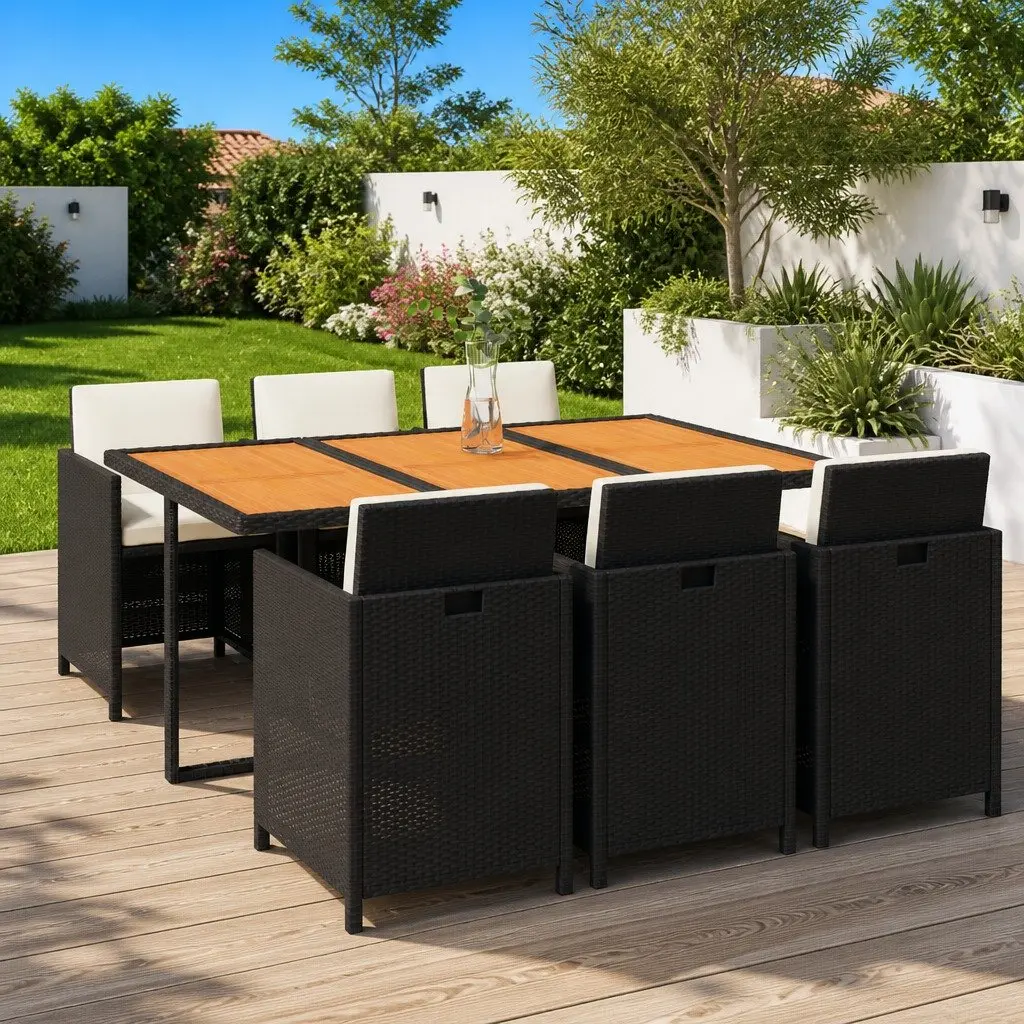 7 Piece Outdoor Garden Dining Set with Cushions Weather-Resistant PE Rattan Black