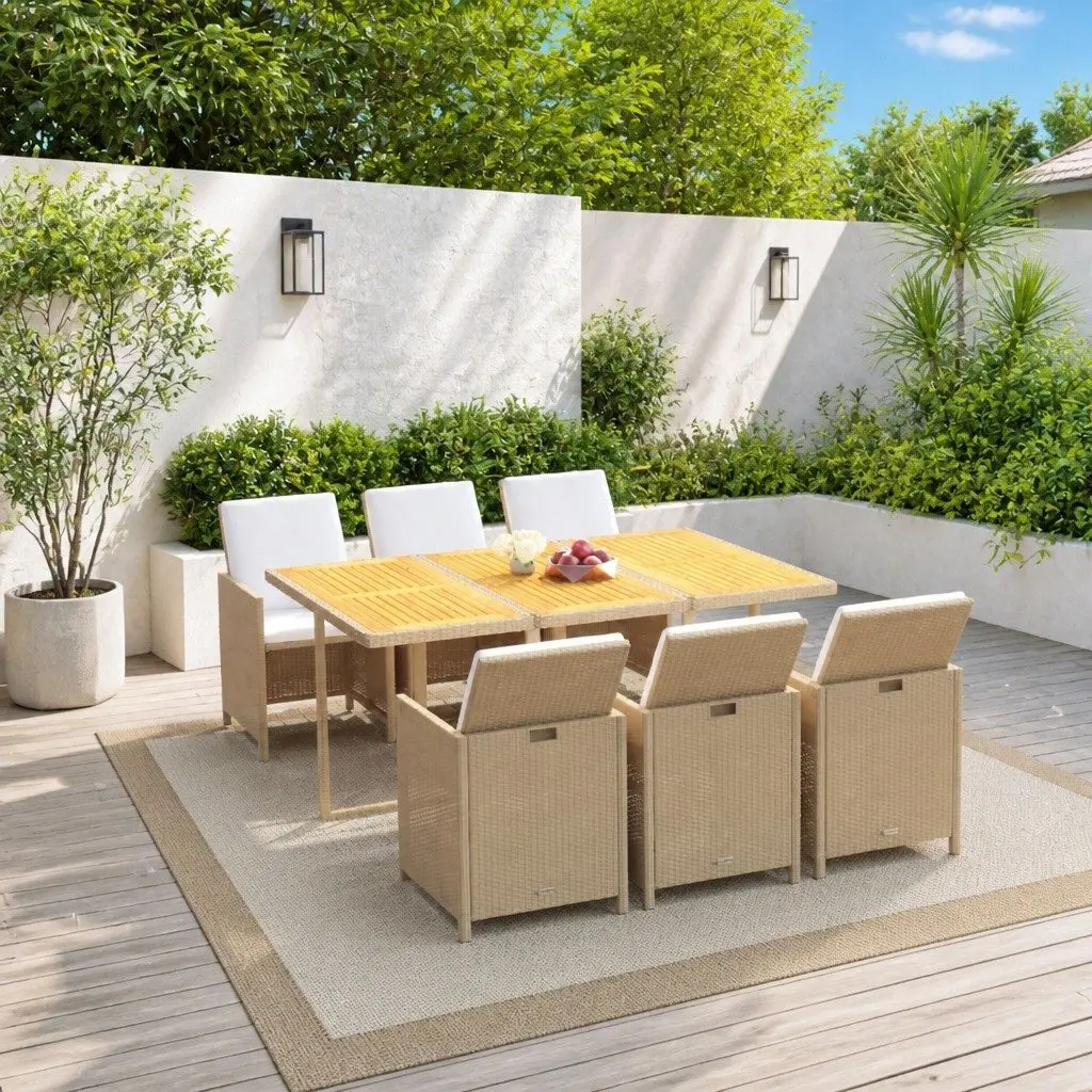 Outdoor Furniture Set 7 Piece PE Rattan Beige Dining Table and Chairs