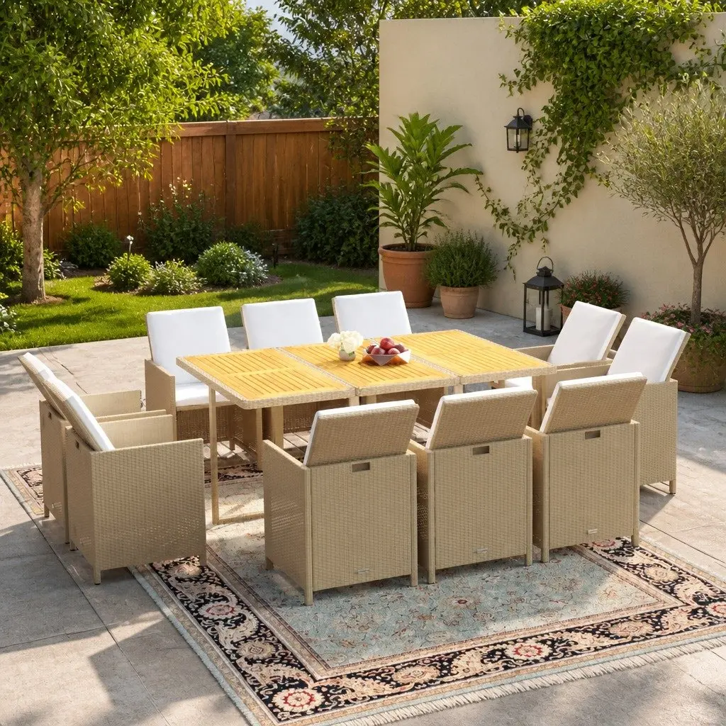 Outdoor Furniture Set 11 Piece Weather-resistant PE Rattan Patio Table Chairs Beige