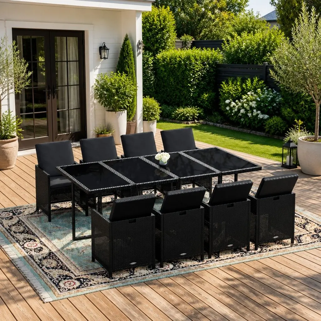 9PieceOutdoorDiningSetContemporaryDesignPErattanBlackCushions