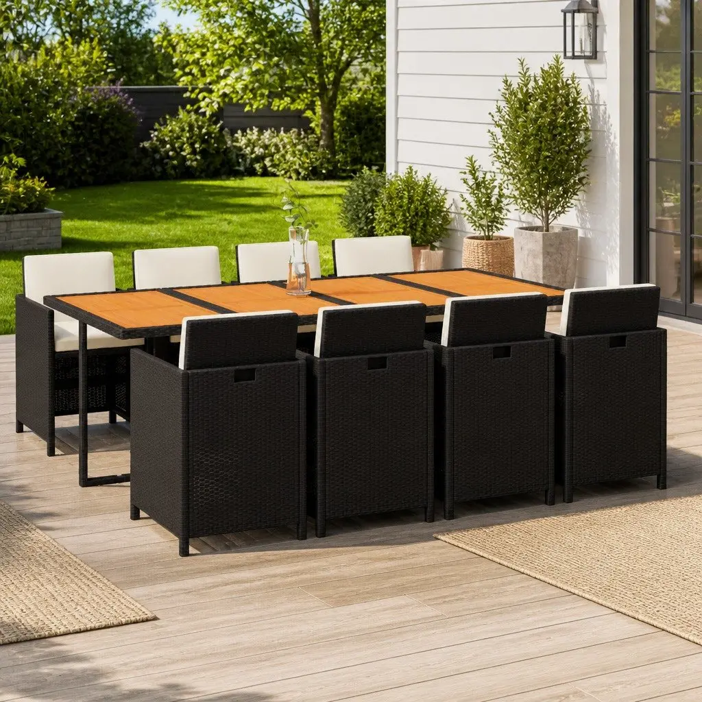 Outdoor Dining Set 9 Piece Black Cushioned PE Rattan Furniture Garden Patio
