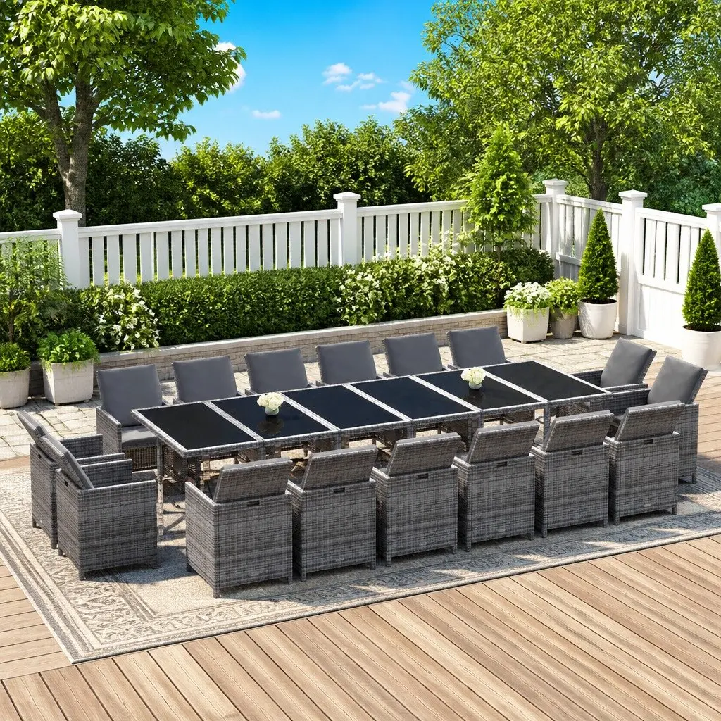 Outdoor Furniture Set 17 Piece Grey Poly Rattan Dining with Cushions
