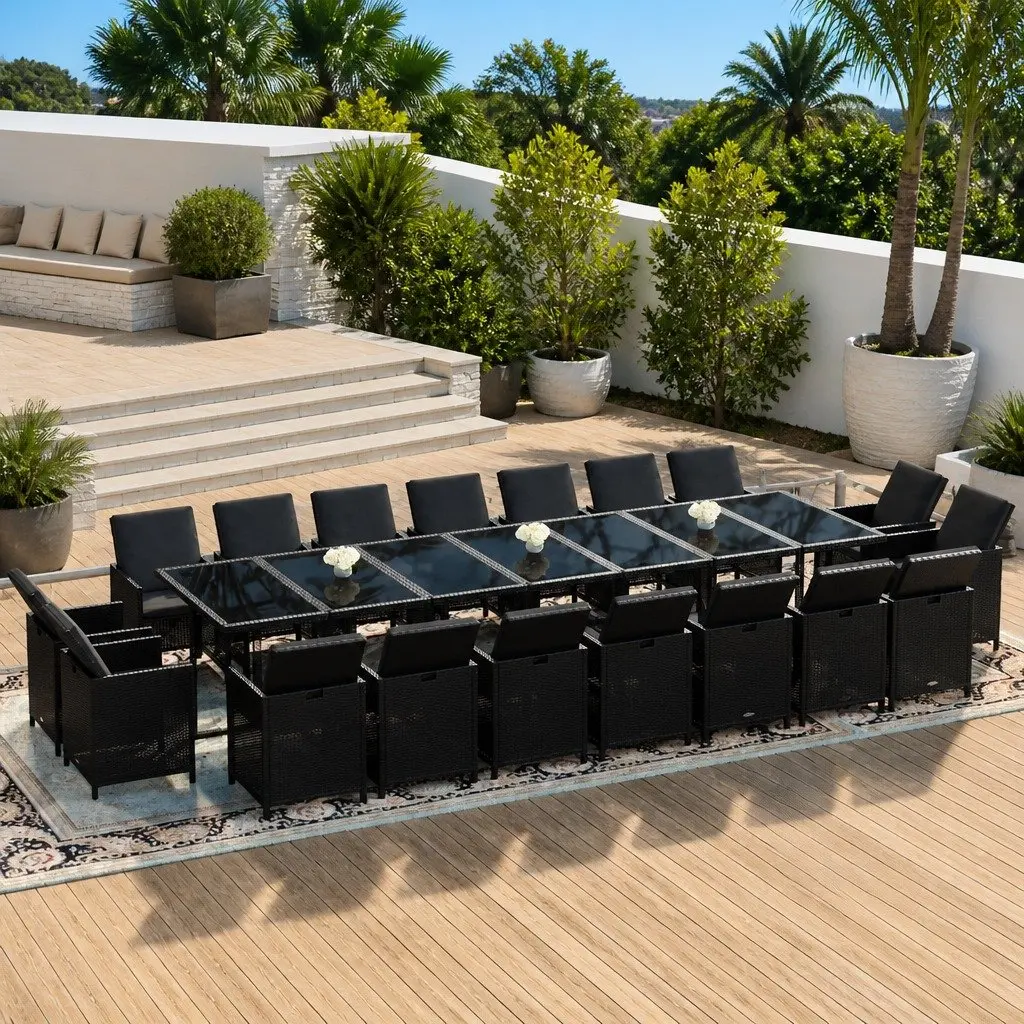 19 Piece Outdoor Dining Set with Black Cushions Durable Poly Rattan and Steel Construction for Garden and Patio Use