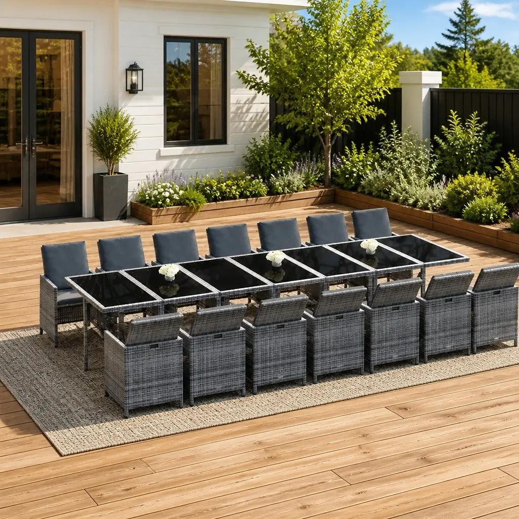 Outdoor Furniture Set 15 Piece Weather Resistant Poly Rattan Dining with Cushions Grey