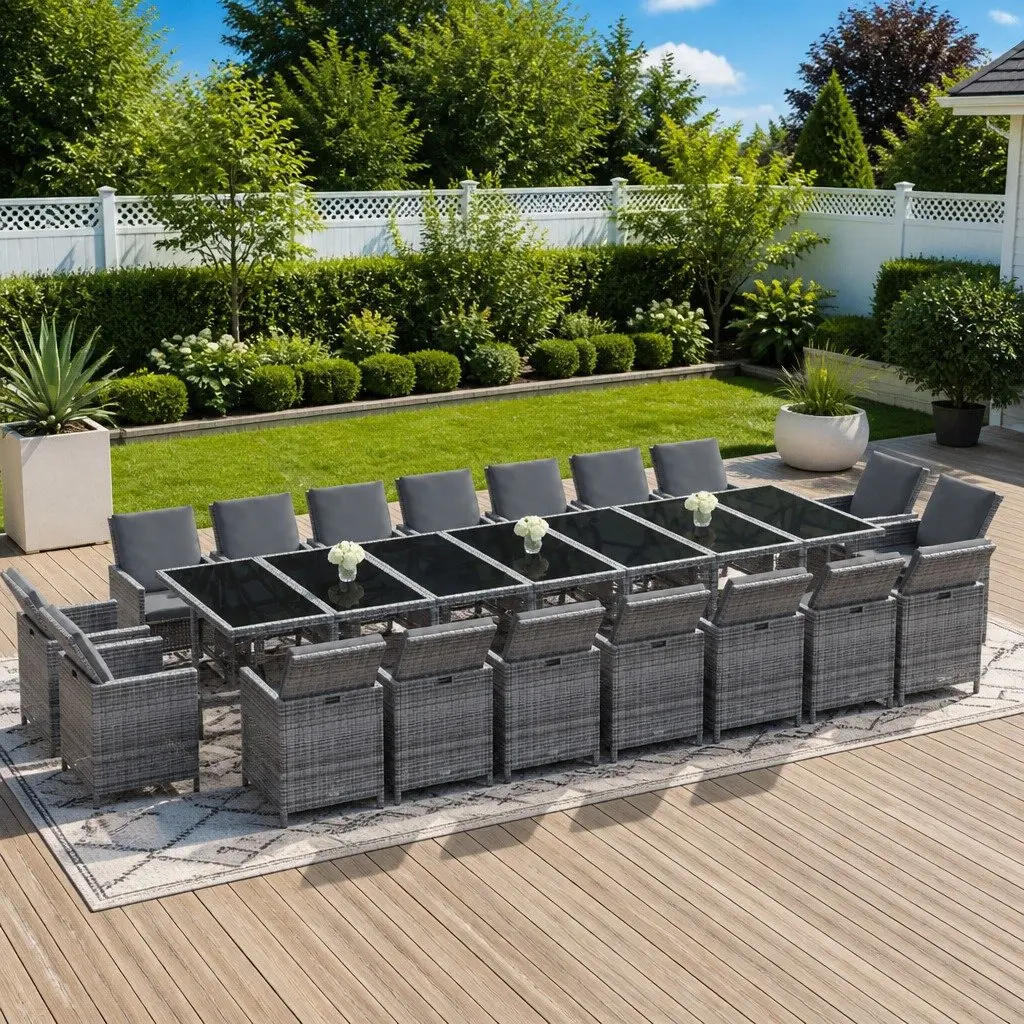 Outdoor Garden Dining Set Poly Rattan Grey 19 Piece with Cushions
