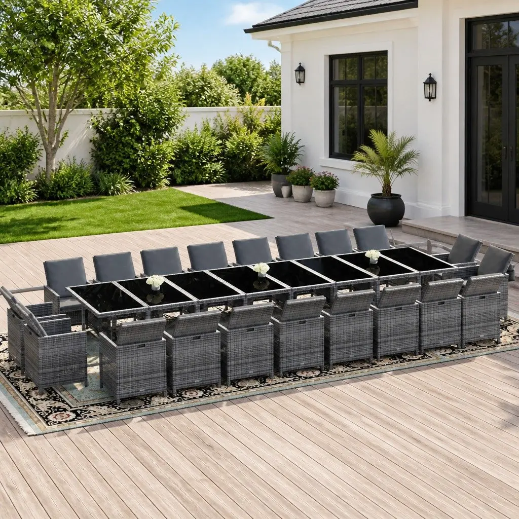 Outdoor Dining Set Grey Poly Rattan 21 Piece with Cushions