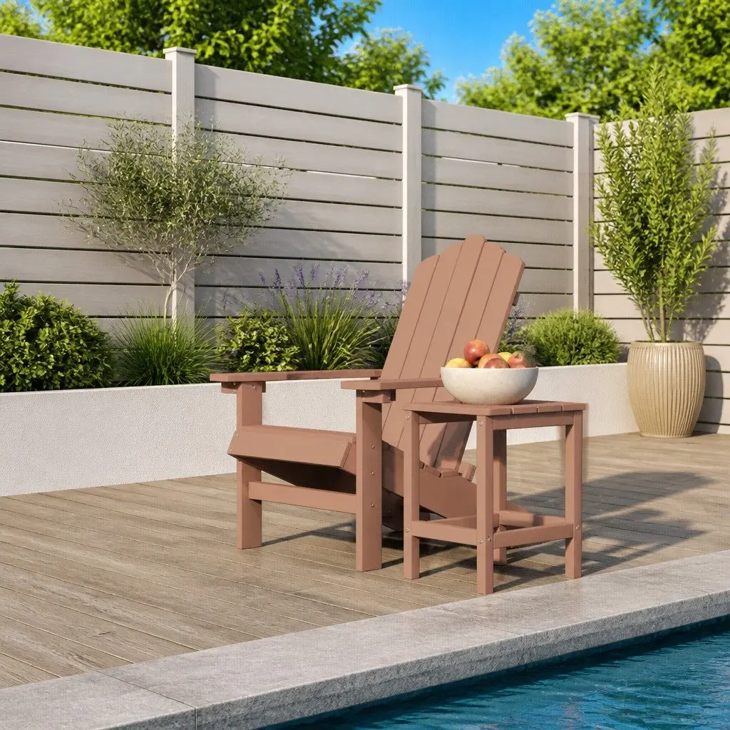 Adirondack Chair with Attached Table Brown Weather Resistant Outdoor Seating