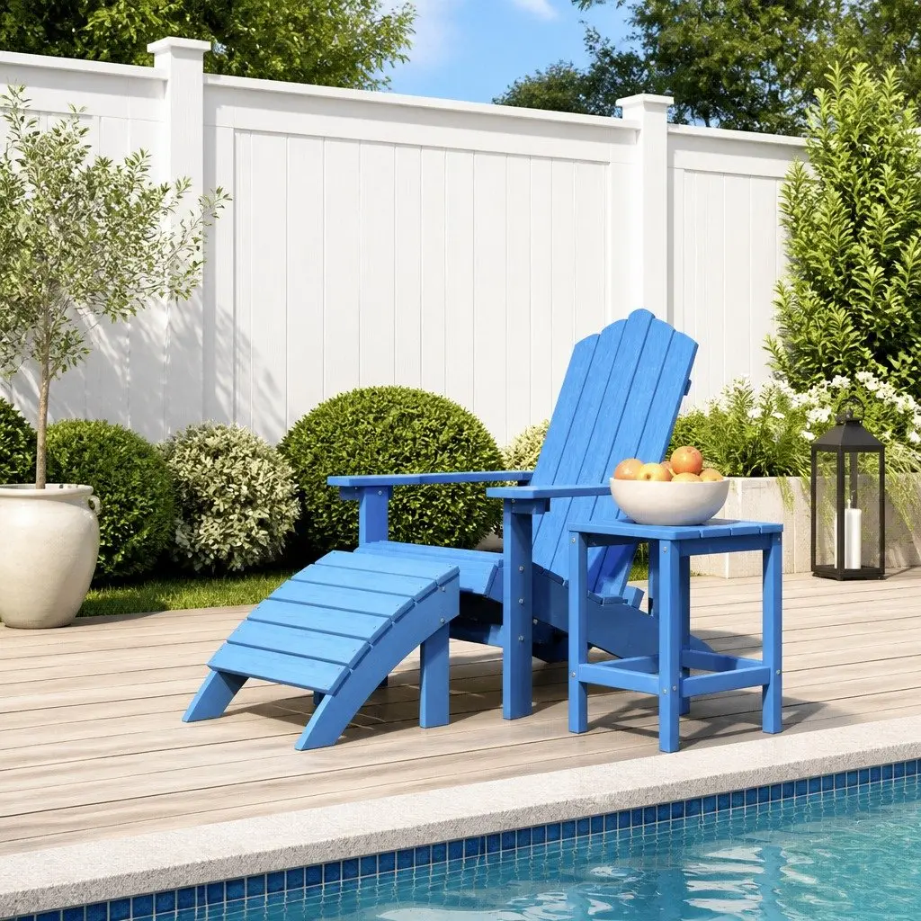 Outdoor Adirondack Chair with Footstool and Side Table Garden Patio Seating Blue