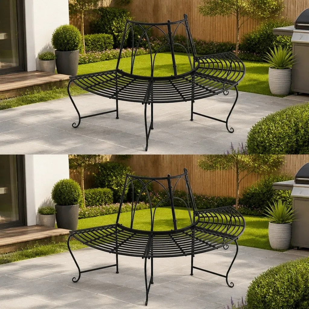 Half Round Tree Bench Wrap Around Outdoor Seating Steel Black 2 Pack Garden