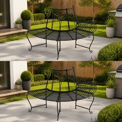 Half Round Tree Bench Wrap Around Outdoor Seating Steel Black 2 Pack Garden