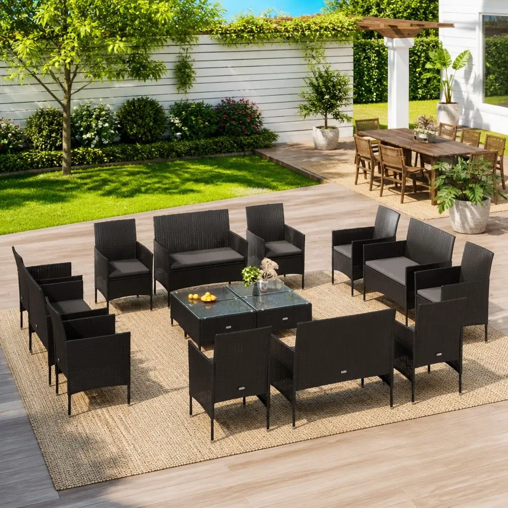 16 Piece Garden Lounge Set Black Lightweight Poly Rattan Patio Furniture with Cushions