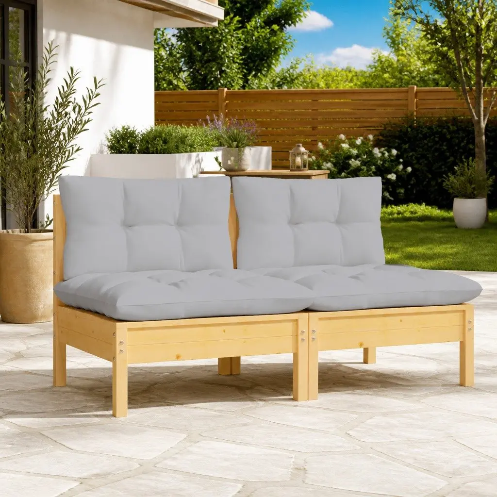 2-Seater Garden Sofa Grey Cushions Solid Pinewood Outdoor Patio Furniture