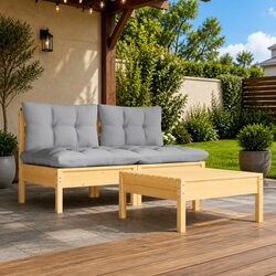3 Piece Garden Lounge Set Pinewood Patio Furniture Outdoor Sofa with Grey