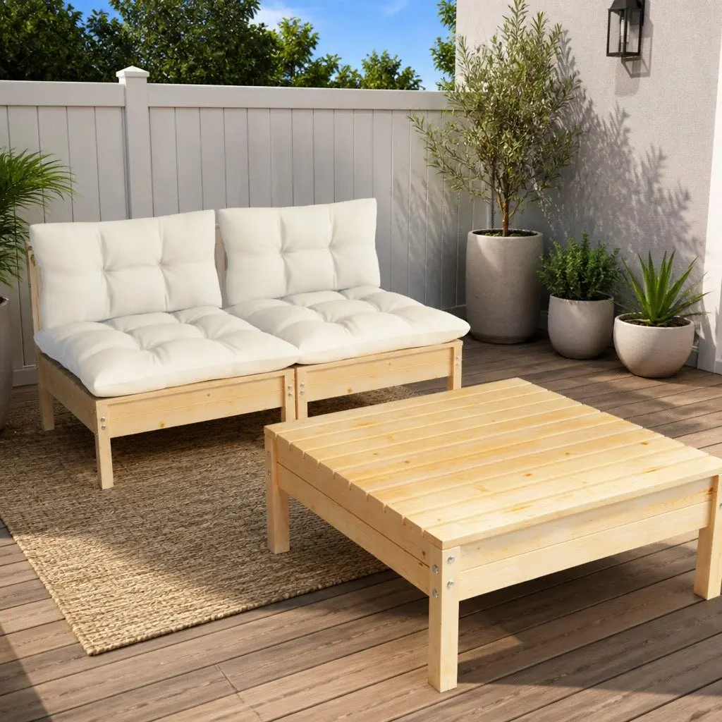 Garden Lounge Set 3 Piece Outdoor Patio Furniture Cream Cushions Modular