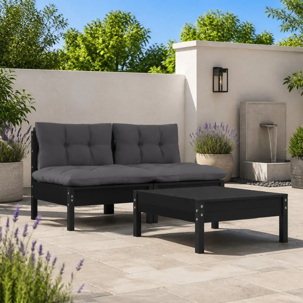 Garden Lounge Set 3 Piece Pinewood Patio Furniture with Cushions Black