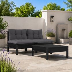 Garden Lounge Set 3 Piece Pinewood Patio Furniture with Cushions Black