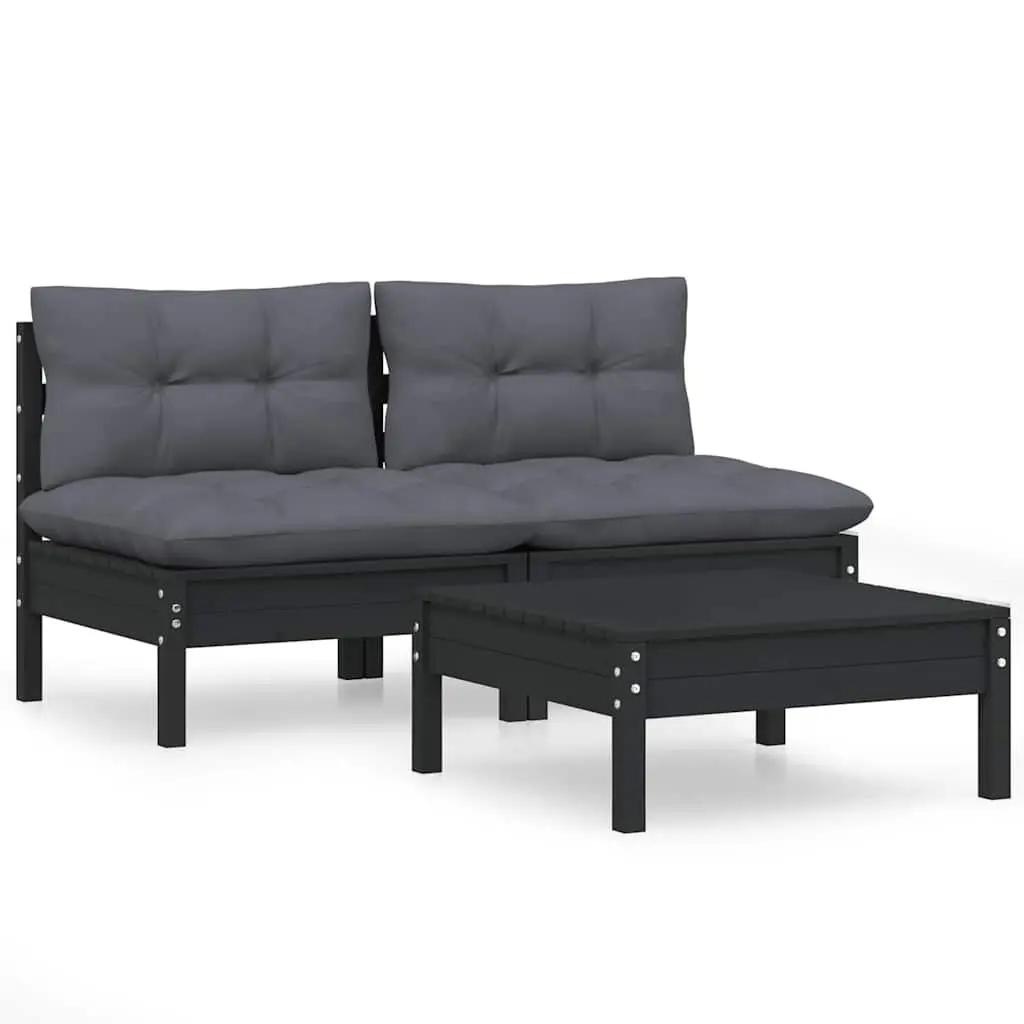 Garden Lounge Set 3 Piece Pinewood Patio Furniture with Cushions Black