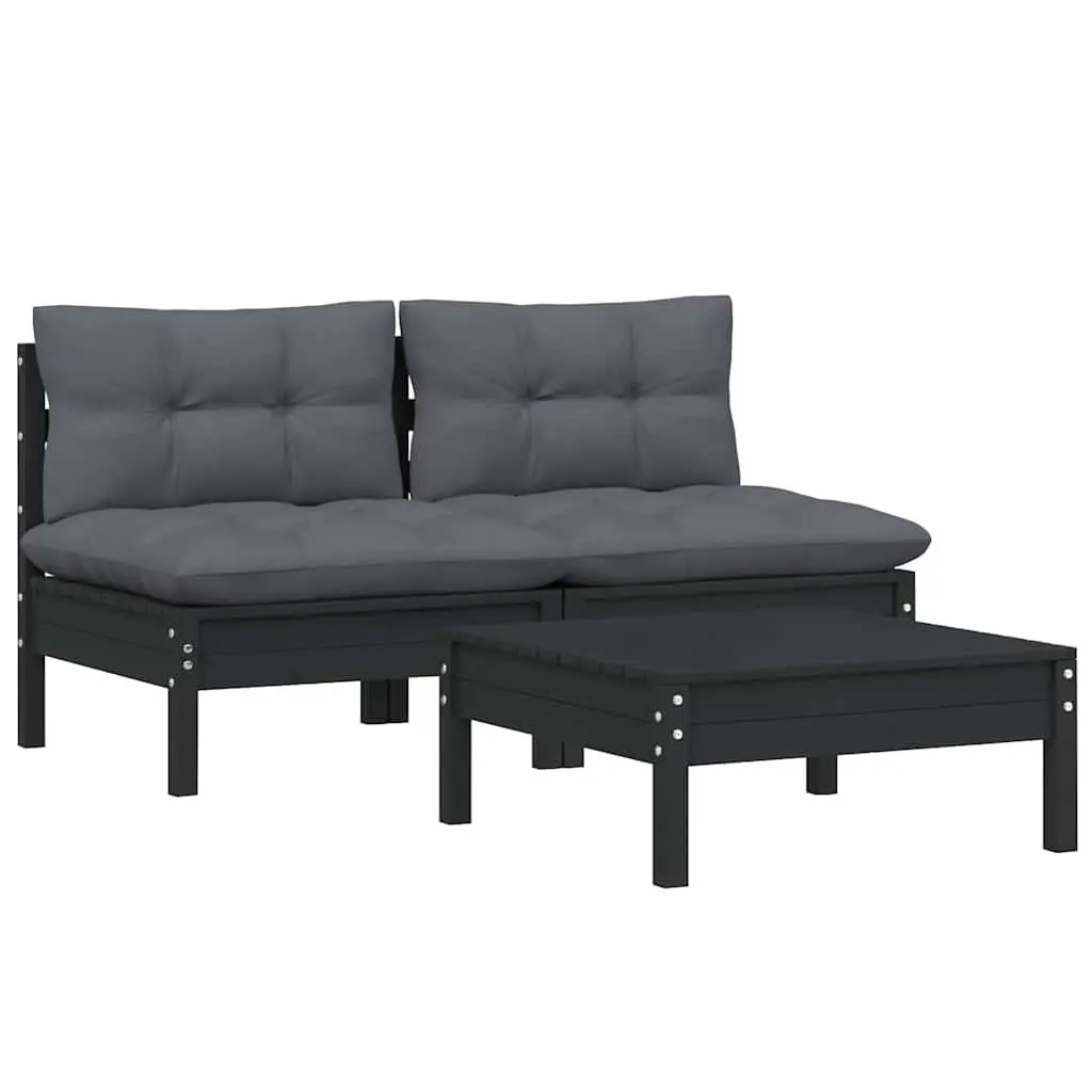 Garden Lounge Set 3 Piece Pinewood Patio Furniture with Cushions Black