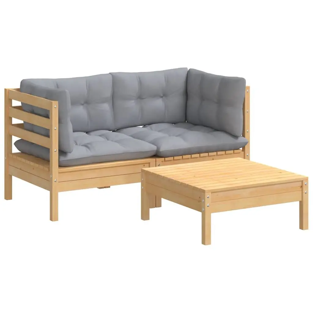 Garden Lounge Set 3 Piece Outdoor Furniture Grey Cushions Pinewood Patio