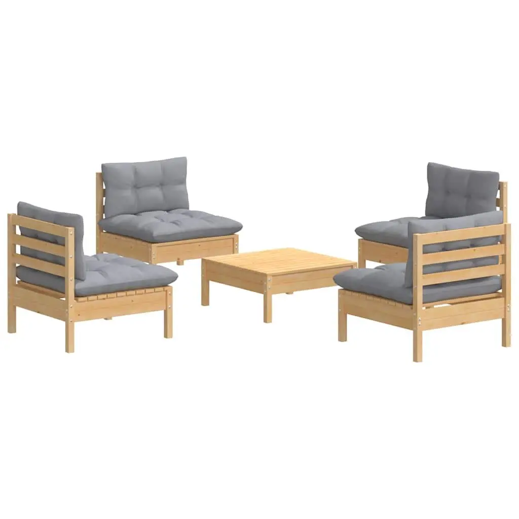 Garden Lounge Set 5 Piece Outdoor Patio Furniture Grey Cushions Pinewood